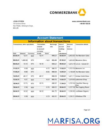 Downloadable Belize Commerzbank bank statement excel template